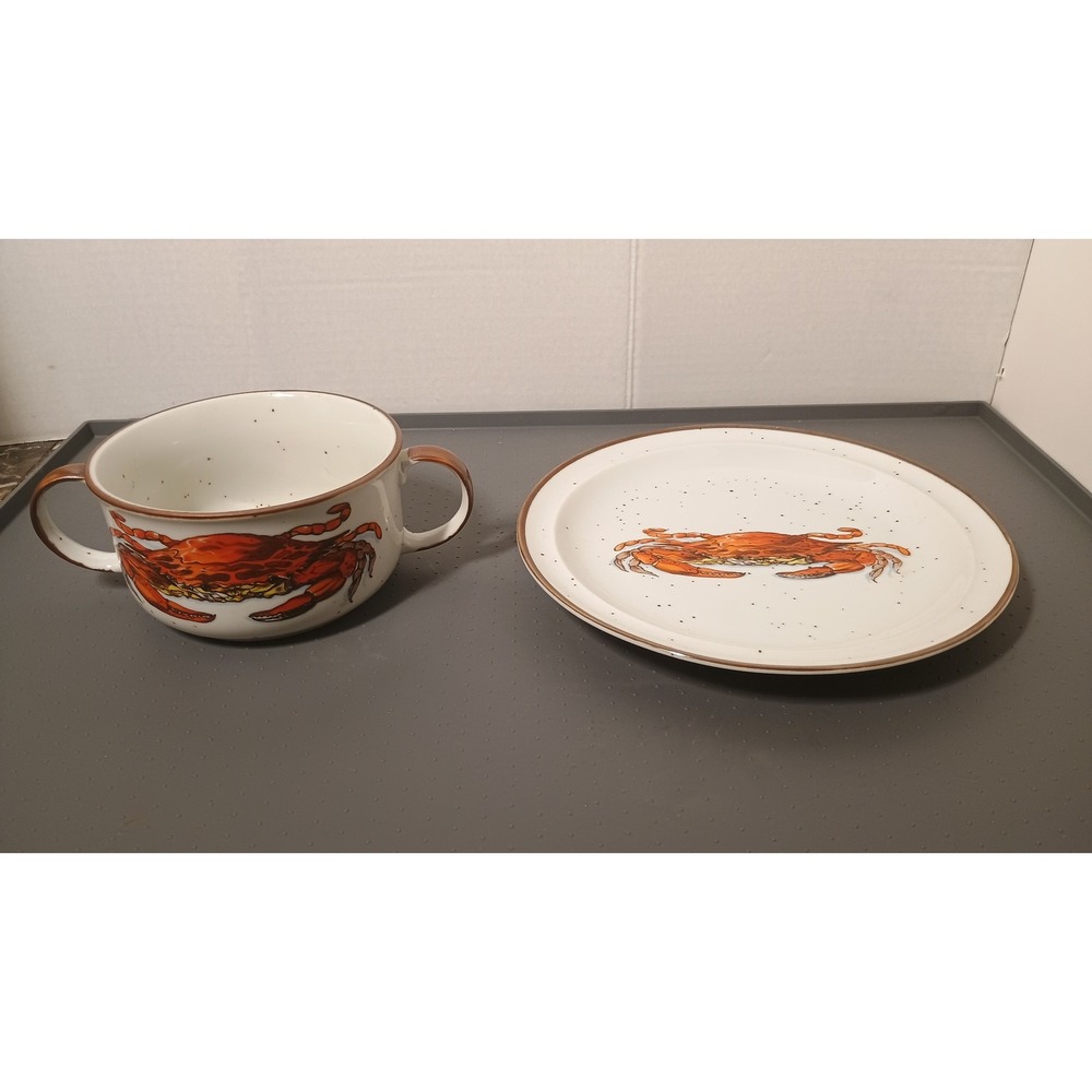 D.H. Holmes Crab Soup Bowl Plate Set White Good Vintage Japan Nautical